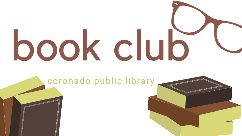 book club banner graphic depicting stacks of books and reading glasses