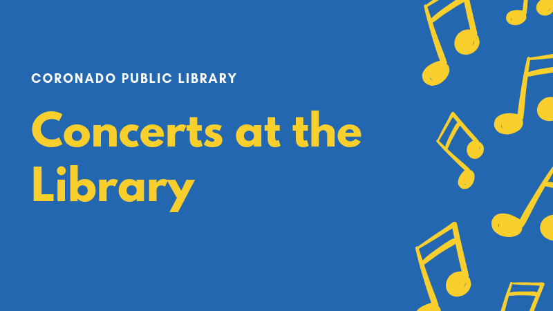 Concerts at the Library banner graphic with blue background and yellow music notes