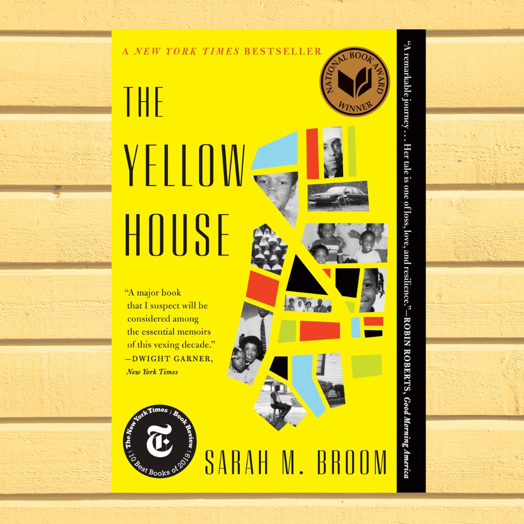 A picture of the cover of Yellow House by Sarah Broom. Background is pale yellow house siding