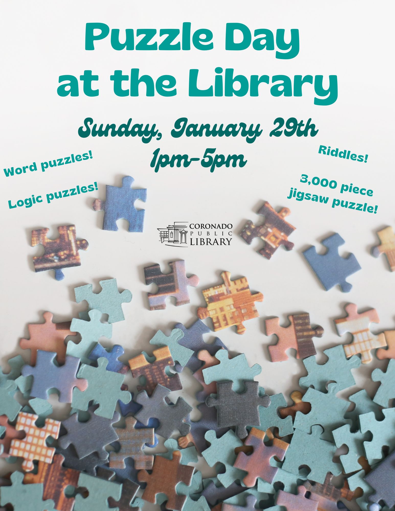 Puzzle Day at the Library with puzzle pieces