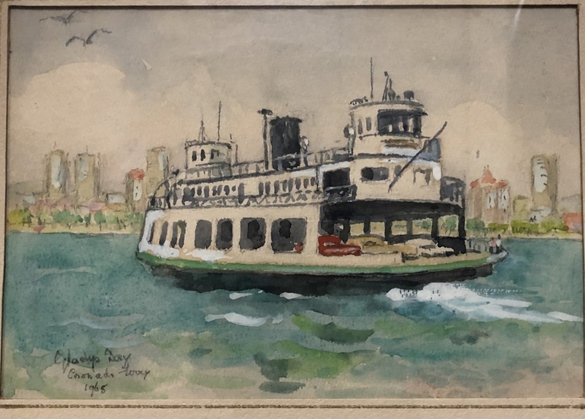 A picture of a painting of a Coronado ferry boat with San Diego in the background.