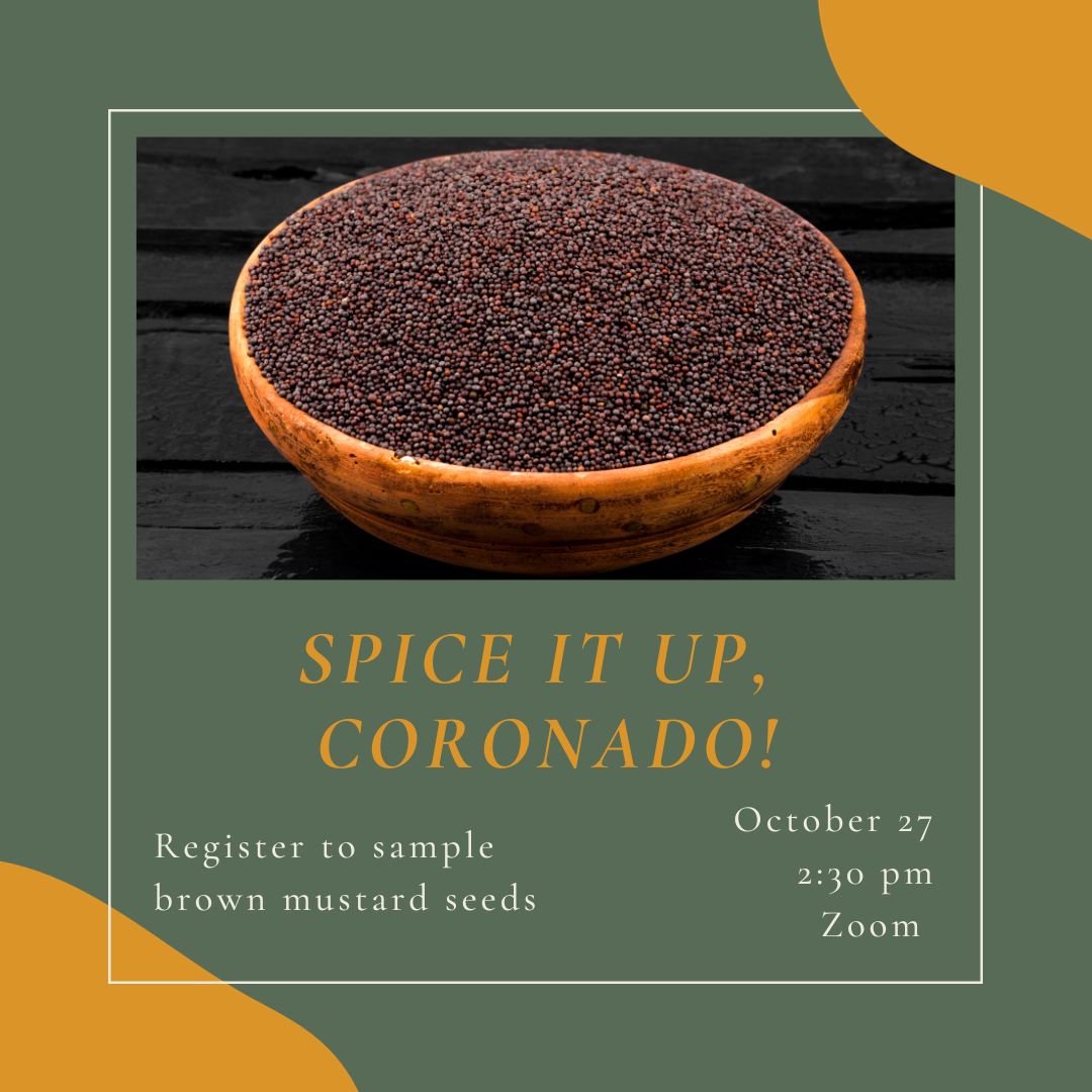 A olive green and mustard yellow graphic with a photograph of a bowl with brown mustard seeds. Says Spice It Up, Coronado! Register to sample brown mustard seeds. October 27, 2:30 pm, zoom