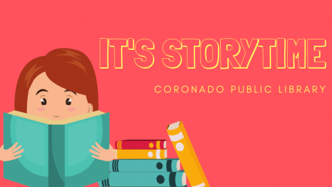 "It's Storytime" graphic with pink background and illustration of a girl holding up an open book by a stack of books