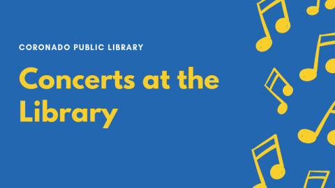 Concerts at the Library banner graphic with blue background and yellow music notes