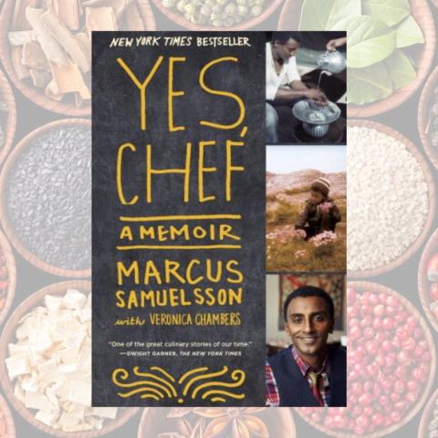 Through Their Eyes Book Club Book: "Yes, Chef" book cover on top of faded bowls of spices