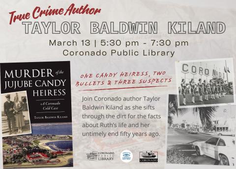 A gray background with a photograph of the book Taylor Baldwin Kiland and two photographs one of girls marching with sign that reads Coronado and other of Orange Ave in Coronado 