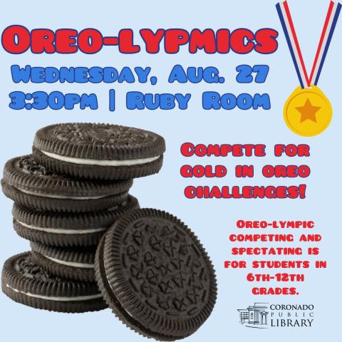 blue and red flyer with large picture of oreos