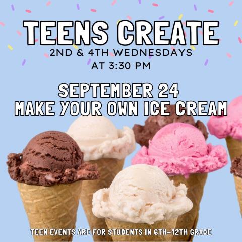 blue flyer with large images ice cream on cones