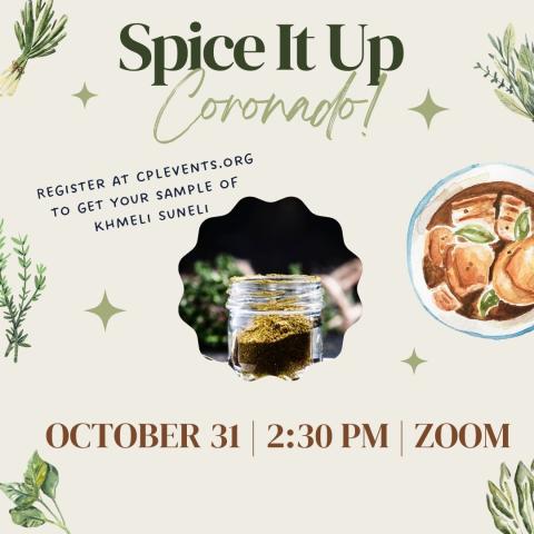 Center image is the spice Khmeli Suneli in a jar with a dark background. Surrounding the square is different images of herbs and graphic image of stew. 