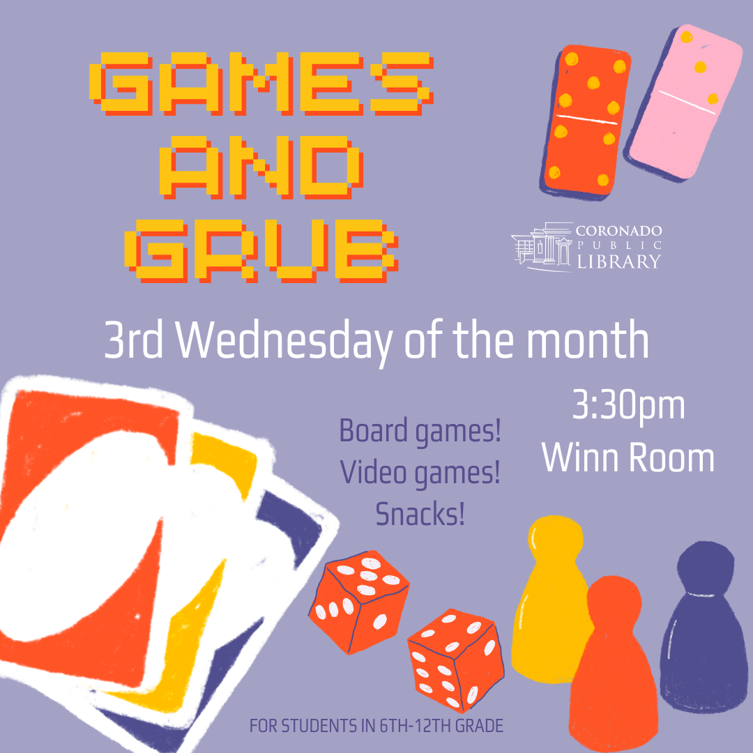 purple games and grub flyer with colorful game pieces