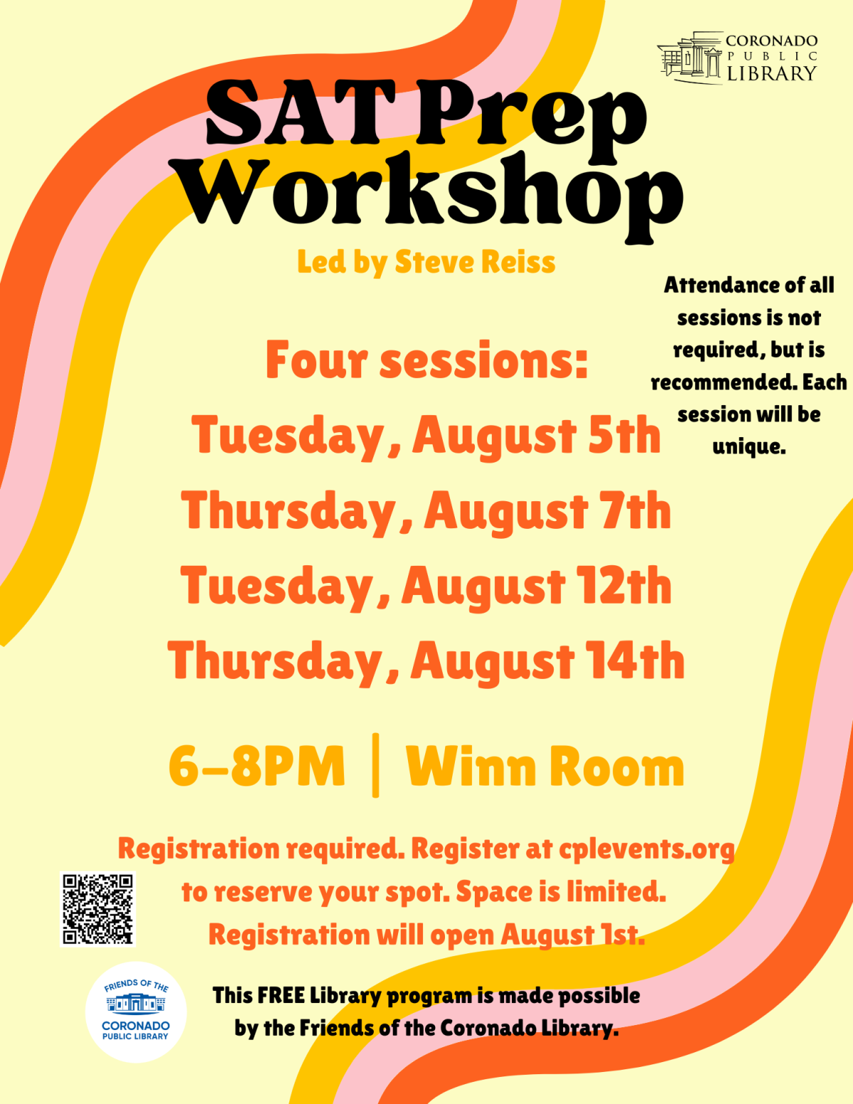 Yellow flyer with orange text listing SAT workshop dates