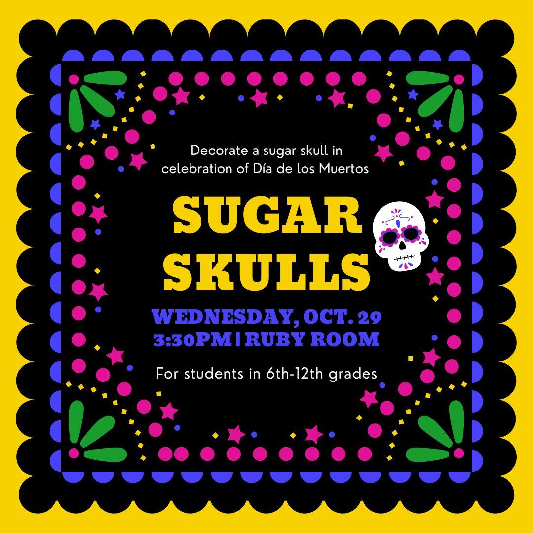 black graphic with colorful border and text