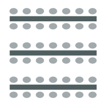 Banquet room setup icon showing parallel rows of long tables with chairs on either side of each table 